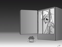 Size: 1600x1200 | Tagged: safe, artist:liska, derpy hooves, pegasus, pony, cage, derpybuse, derpygate, female, food, grayscale, mare, monochrome, muffin, sad, solo, tongue out, tragic