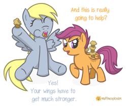 Size: 1895x1585 | Tagged: safe, artist:muffinexplosion, derpy hooves, scootaloo, pegasus, pony, female, flying lesson, mare