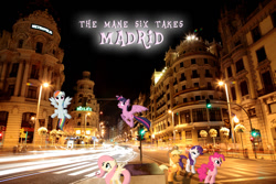 Size: 980x653 | Tagged: safe, derpibooru import, applejack, fluttershy, pinkie pie, rainbow dash, rarity, twilight sparkle, twilight sparkle (alicorn), alicorn, pony, city, female, irl, madrid, mane six, mare, night, photo, ponies in real life, scenery, spain, town, wallpaper