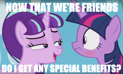 Size: 1322x792 | Tagged: safe, edit, starlight glimmer, twilight sparkle, twilight sparkle (alicorn), alicorn, pony, the cutie re-mark, bedroom eyes, blushing, dialogue, female, friends with benefits, implied lesbian, lesbian, mare, meme, shipping, starlight's secret, text, text edit, twistarlight