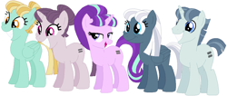 Size: 1010x430 | Tagged: safe, artist:featherfury, lightning dust, night glider, party favor, starlight glimmer, sugar belle, pegasus, pony, unicorn, cutie mark, equalized, equalized mane, female, male, mare, s5 starlight, simple background, stallion, white background