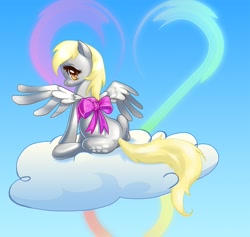 Size: 1267x1200 | Tagged: safe, artist:countcarbon, derpy hooves, pegasus, pony, bow, cloud, female, heart, mare, solo