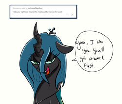 Size: 1000x850 | Tagged: safe, artist:xxmarkingxx, queen chrysalis, changeling, changeling queen, nochangelingshere, ask, bedroom eyes, smiling, solo, tumblr