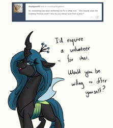 Size: 800x900 | Tagged: safe, artist:xxmarkingxx, queen chrysalis, changeling, changeling queen, nochangelingshere, ask, bedroom eyes, smiling, solo, tumblr