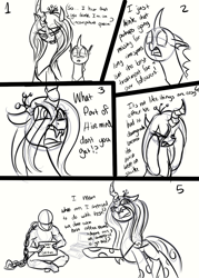 Size: 1000x1400 | Tagged: safe, artist:xxmarkingxx, queen chrysalis, oc, oc:anon, changeling, changeling queen, human, nochangelingshere, chains, comic, computer, dialogue, female, monochrome, open mouth, pointing, sitting, yelling