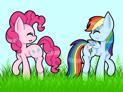 Size: 2732x2048 | Tagged: safe, artist:komasantaffy, derpibooru import, pinkie pie, rainbow dash, earth pony, pegasus, pony, eyes closed, grass, high res, smiling, walking