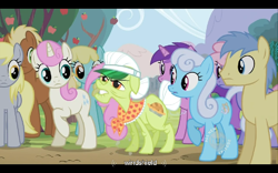 Size: 768x480 | Tagged: safe, screencap, amethyst star, derpy hooves, goldengrape, granny smith, linky, meadow song, rainbowshine, sassaflash, shoeshine, sir colton vines iii, sparkler, twinkleshine, pegasus, pony, the super speedy cider squeezy 6000, female, mare, youtube caption