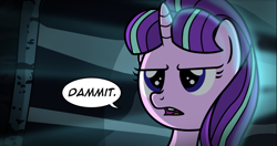 Size: 780x413 | Tagged: safe, artist:veggie55, starlight glimmer, pony, unicorn, bust, cropped, dialogue, frown, glare, lidded eyes, open mouth, portrait, reaction image, solo, unamused, vulgar