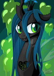 Size: 1447x2047 | Tagged: safe, artist:mysticalpha, queen chrysalis, changeling, changeling queen, heartless, literal, looking at you, smiling, solo