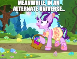 Size: 647x500 | Tagged: safe, artist:pixelkitties, edit, starlight glimmer, pony, unicorn, alternate universe, basket, chaurus, clothes, cute, dress, female, glimmerbetes, glowing horn, happy, horn, image macro, levitation, magic, mare, meme, necklace, open mouth, pigtails, skyrim, solo, telekinesis, the elder scrolls