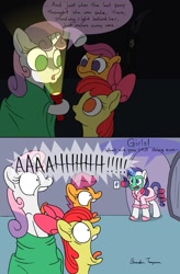 Size: 591x900 | Tagged: safe, artist:sketchinetch, apple bloom, rarity, scootaloo, sweetie belle, pony, unicorn, bathrobe, clothes, comic, cutie mark crusaders, hair curlers, mud mask, screaming, sleepover, slippers