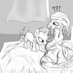 Size: 1000x1000 | Tagged: safe, artist:mlpanon, cookie crumbles, hondo flanks, rarity, pony, unicorn, bed, bedazzled, cookieflanks, cute, filly, monochrome, prank, sleeping, younger