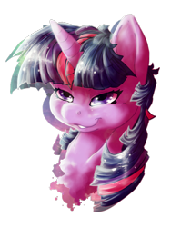 Size: 600x800 | Tagged: safe, artist:dimwitdog, derpibooru import, twilight sparkle, bedroom eyes, bust, female, grin, mare, simple background, smiling, solo, transparent background