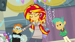 Size: 1920x1080 | Tagged: safe, edit, edited screencap, screencap, snails, snips, sunset shimmer, equestria girls, alternate costumes, clothes, earring, fashion, sweater