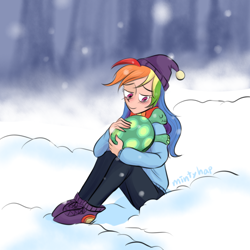 Size: 708x708 | Tagged: safe, artist:mintyhap, derpibooru import, rainbow dash, tank, human, tanks for the memories, beanie, blushing, clothes, female, hat, hug, humanized, scarf, scene interpretation, snow, winter