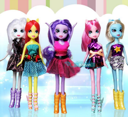 Size: 582x534 | Tagged: safe, fluttershy, pinkie pie, rainbow dash, rarity, sunset shimmer, twilight sparkle, equestria girls, bootleg, doll, ponied up, toy