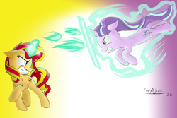 Size: 1280x853 | Tagged: safe, artist:thealjavis, starlight glimmer, sunset shimmer, pony, unicorn, fight, magic, twilight's counterparts