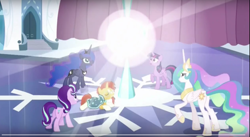 Size: 2530x1390 | Tagged: safe, screencap, princess celestia, princess luna, starlight glimmer, sunburst, twilight sparkle, twilight sparkle (alicorn), alicorn, pony, the crystalling, crystal empire, female, laser, magic, mare, plot, snowflake, sphere