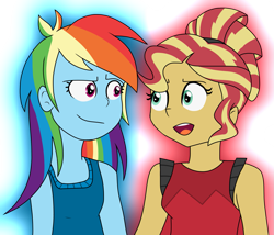 Size: 1799x1537 | Tagged: safe, artist:berrypunchrules, derpibooru import, rainbow dash, sunset shimmer, equestria girls, alternate hairstyle, clothes, open mouth