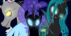 Size: 1366x686 | Tagged: safe, artist:cosmic-rust, discord, nightmare moon, queen chrysalis, changeling, changeling queen, female, horn