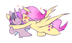 Size: 1000x600 | Tagged: safe, artist:cold-blooded-twilight, fluttershy, twilight sparkle, twilight sparkle (alicorn), alicorn, pegasus, pony, blushing, cold blooded twilight, explicit source, female, glomp, heart, hug, lesbian, mare, shipping, twishy