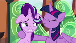 Size: 1280x720 | Tagged: safe, screencap, starlight glimmer, twilight sparkle, twilight sparkle (alicorn), alicorn, pony, the crystalling, castle, female, floppy ears, hug, mare, out of context