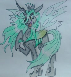 Size: 1748x1901 | Tagged: safe, artist:takutanuvataio, queen chrysalis, changeling, changeling queen, female, grin, looking at you, open mouth, raised hoof, solo, traditional art