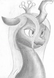 Size: 1024x1466 | Tagged: safe, artist:moonsolace, queen chrysalis, changeling, changeling queen, bust, grayscale, monochrome, portrait, solo, traditional art
