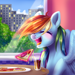 Size: 2000x2000 | Tagged: safe, artist:rappy-yum, derpibooru import, rainbow dash, pegasus, pony, city, coke, drool, eating, food, implied twilight sparkle, levitation, magic, pizza, soda, teeth, telekinesis, unicorn magic