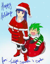 Size: 600x768 | Tagged: safe, artist:danteskitten, derpibooru import, spike, twilight sparkle, elf, happy holidays, hat, humanized, santa claus, santa hat, sled, snow, snowfall, yotsuba