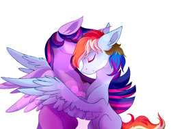 Size: 4000x3000 | Tagged: safe, artist:uunicornicc, derpibooru import, rainbow dash, twilight sparkle, twilight sparkle (alicorn), alicorn, pegasus, pony, female, hug, lesbian, shipping, spread wings, twidash, wings