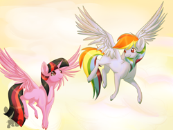 Size: 1600x1200 | Tagged: safe, artist:uunicornicc, derpibooru import, rainbow dash, twilight sparkle, twilight sparkle (alicorn), alicorn, pegasus, pony, female, flying, lesbian, shipping, twidash