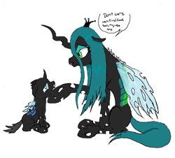 Size: 986x890 | Tagged: safe, artist:d3monickitty666, artist:the-laughing-horror, edit, queen chrysalis, changeling, changeling queen, nymph, cute, cutealis, cuteling, dialogue, digital art, female, mommy chrissy, mother and child, ms paint, parent and child, sad, simple background, starvation, white background