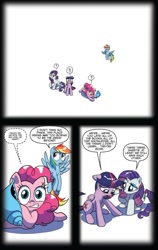 Size: 540x857 | Tagged: safe, artist:amy mebberson, derpibooru import, idw, pinkie pie, rainbow dash, rarity, twilight sparkle, twilight sparkle (alicorn), alicorn, earth pony, pegasus, pony, unicorn, spoiler:comic, spoiler:comic15, comic, female, fourth wall, mare, official comic, seashell, simple background, speech bubble, void, white background