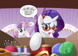 Size: 1400x1000 | Tagged: safe, artist:muffinshire, rarity, sweetie belle, pony, unicorn, glasses, measuring tape, pencil, pincushion, rarity's glasses, scissors, thread, yarn, yarn ball