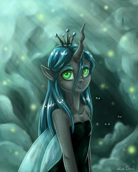 Size: 1600x2000 | Tagged: safe, artist:alina-sherl, queen chrysalis, firefly (insect), human, cave, crepuscular rays, cute, cutealis, elf ears, freckles, glowing eyes, horned humanization, humanized, pony coloring, shoulder freckles, solo, winged humanization