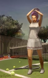 Size: 580x939 | Tagged: safe, artist:ponyrake, rarity, human, clothes, humanized, jewelry, necklace, skirt, solo, tanktop, tennis, tennis ball, tennis racket, tree