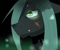 Size: 730x602 | Tagged: safe, artist:traupa, queen chrysalis, changeling, changeling queen, bust, collar, glowing eyes, portrait, scar, smiling, solo