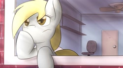 Size: 1960x1080 | Tagged: safe, artist:dshou, derpy hooves, pegasus, pony, crepuscular rays, female, hoof on chin, mare, solo, window