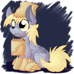 Size: 800x800 | Tagged: safe, artist:littlepinkalpaca, derpy hooves, bags, filly, muffin