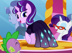 Size: 791x593 | Tagged: safe, screencap, rarity, spike, starlight glimmer, dragon, pony, unicorn, the cutie re-mark, clothes, cute, dress, female, gem, glimmerbetes, image macro, looking at you, mare, meme, open mouth, raised hoof