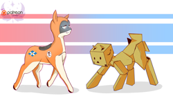 Size: 3600x2000 | Tagged: safe, artist:cold-blooded-twilight, oc, oc only, oc:danbo, oc:kiva, original species, pony, robot, robot pony, amazon.com, box pony, female, simple background, smiling