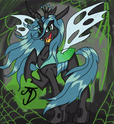 Size: 1748x1901 | Tagged: safe, artist:takutanuvataio, queen chrysalis, changeling, changeling queen, female, grin, looking at you, open mouth, raised hoof, solo, spider web