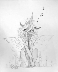 Size: 1025x1258 | Tagged: safe, artist:valcron, queen chrysalis, changeling, changeling queen, alternate hairstyle, grayscale, microphone, monochrome, open mouth, singing, solo, traditional art