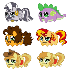 Size: 1600x1634 | Tagged: safe, artist:linamomoko, braeburn, cheese sandwich, spike, sunset shimmer, zecora, dragon, pony, unicorn, zebra, chibi, potato, simple background, transparent background