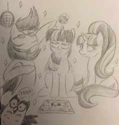 Size: 1147x1200 | Tagged: safe, artist:zigragirl, owlowiscious, starlight glimmer, twilight sparkle, twilight sparkle (alicorn), oc, oc:shadow leap, alicorn, bat pony, pony, annoyed, disco ball, female, game, irc, mare, monochrome, pencil drawing, sunglasses, traditional art