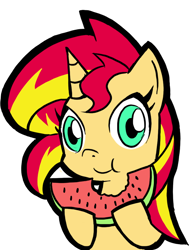 Size: 716x947 | Tagged: safe, artist:rvceric, sunset shimmer, pony, unicorn, cute, eating, shimmerbetes, simple background, solo, watermelon, white background