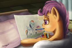 Size: 1200x800 | Tagged: safe, artist:sa1ntmax, derpibooru import, rainbow dash, scootaloo, pegasus, pony, bed, blanket, crayon, crayon drawing, drawing, female, filly, hospital, mouth hold, pillow, smiling, solo