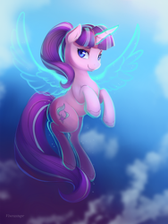 Size: 1600x2133 | Tagged: safe, artist:viwrastupr, starlight glimmer, pony, unicorn, artificial wings, augmented, female, flying, lidded eyes, looking at you, magic, magic wings, mare, smiling, solo, spread wings, wings