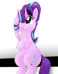 Size: 2550x3200 | Tagged: safe, artist:dragonpone, derpibooru exclusive, starlight glimmer, pony, unicorn, season 6, spoiler:s06, blushing, chest fluff, cute, glimmerbetes, new hairstyle, sitting, solo